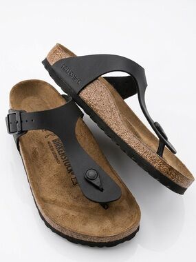 Birkenstock Black T‑strap Thong Sandals Tan Footbed Size EU 39 Regular Width